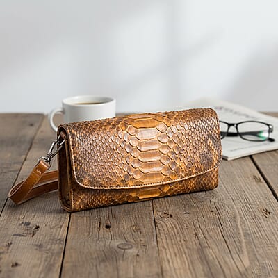 Grand Pelle Camel Genuine Python Leather Envelope Clutch with Shoulder Strap