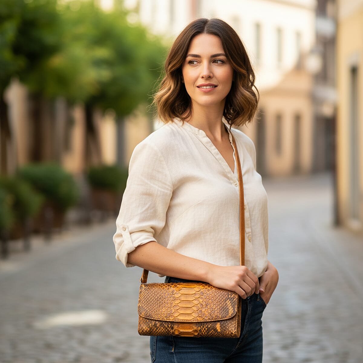 Grand Pelle Camel Genuine Python Leather Envelope Clutch with Shoulder Strap image number 2