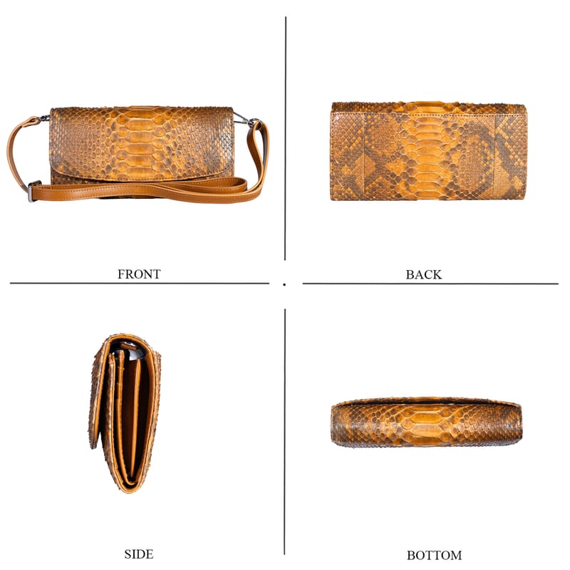 Grand Pelle Camel Genuine Python Leather Envelope Clutch with Shoulder Strap