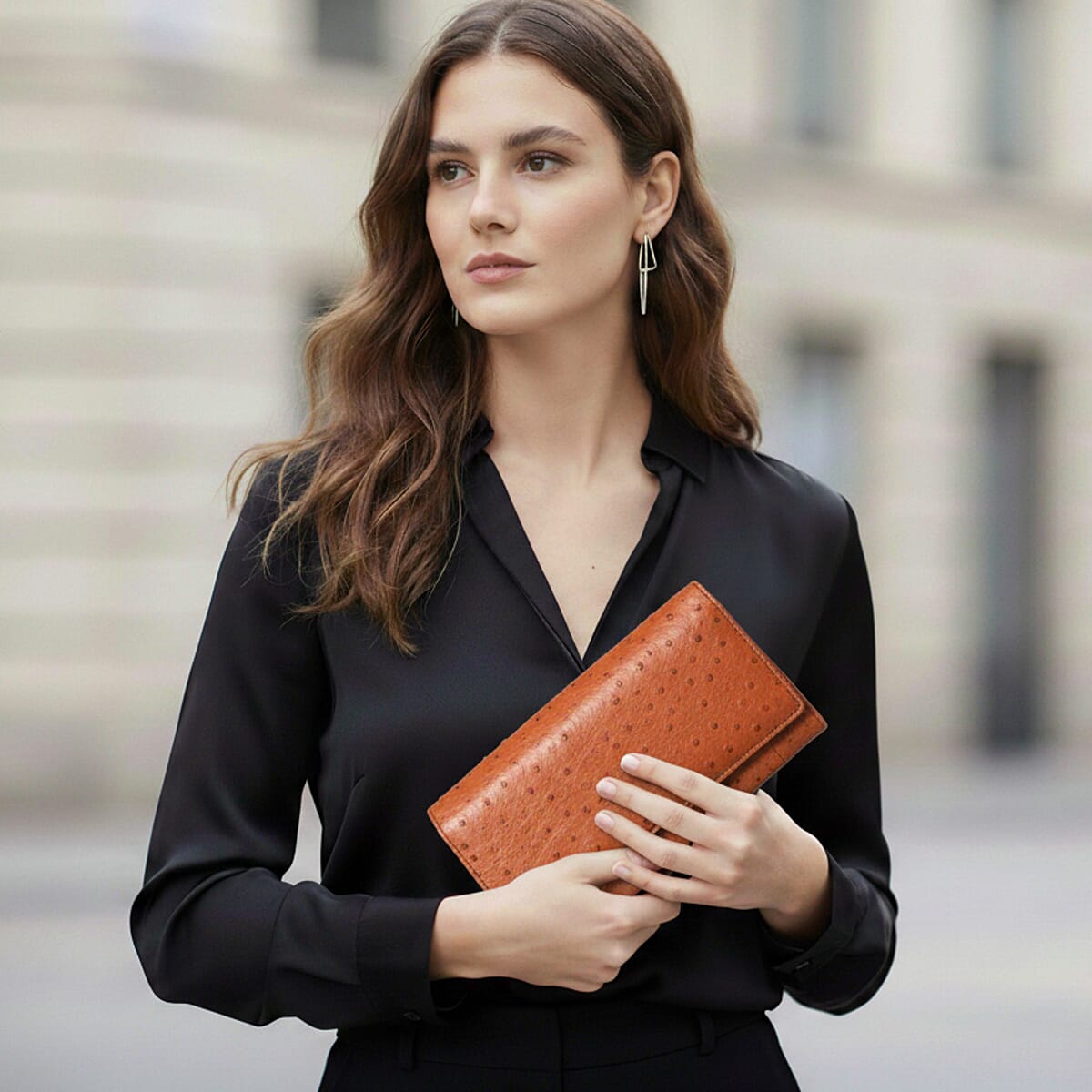 Doorbuster The Grand Pelle Brown Ostrich Genuine Leather Envelope Clutch Bag image number 2