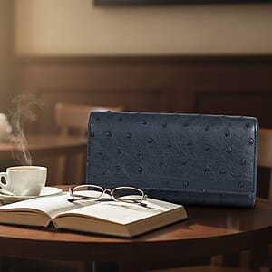  The Grand Pelle Black Ostrich Genuine Leather Envelope Clutch Bag