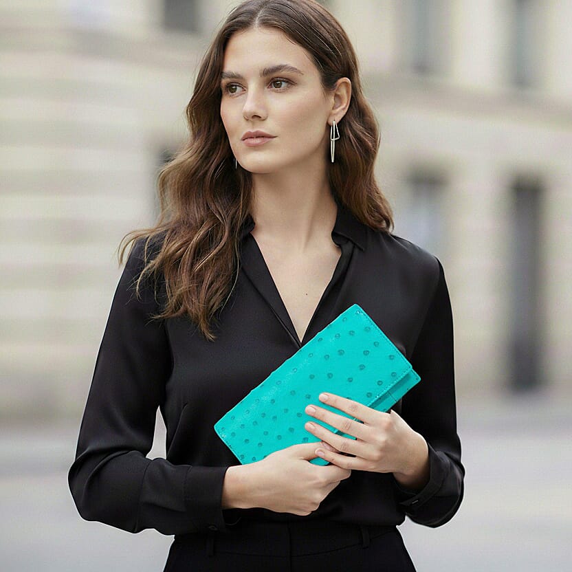 The Grand Pelle Turquoise Ostrich Genuine Leather Envelope Clutch Bag