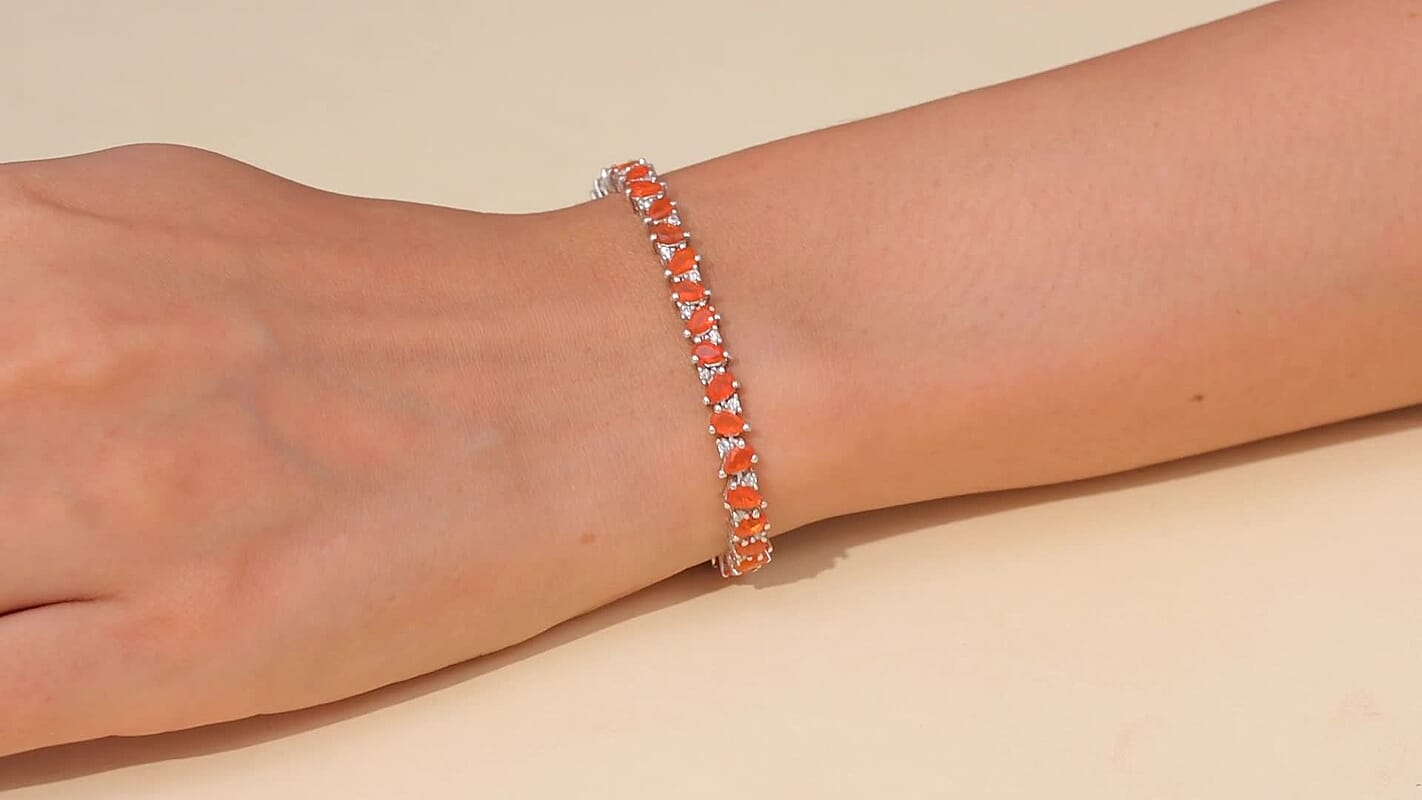 D'Joy AAA Crimson Fire Opal and White Zircon 5.70 ctw Bracelet in Rhodium Over Sterling Silver (7.00 In)