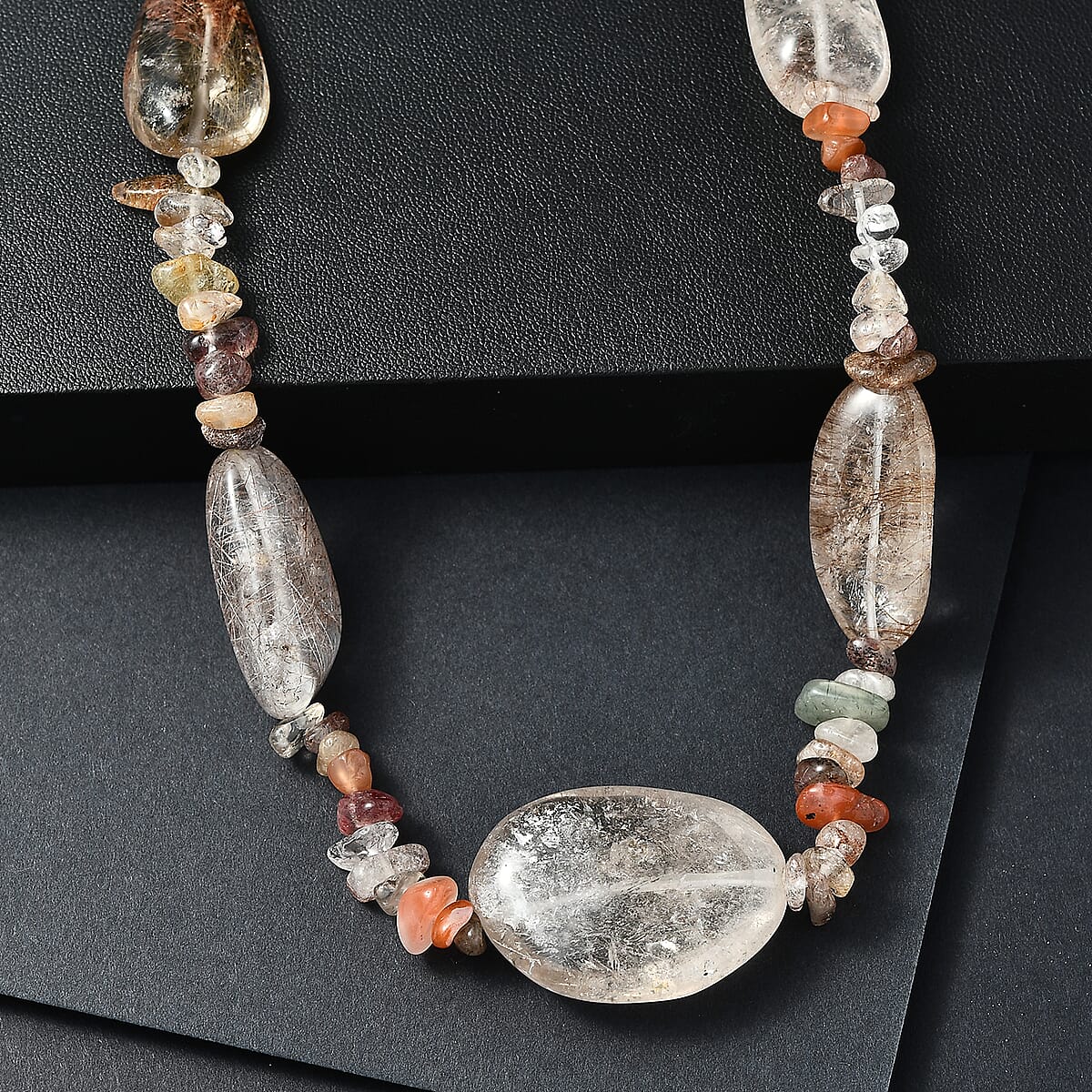 Dodolite and Multi Rutilated Quartz 470.00 ctw Beaded Necklace in Stainless Steel 24 Inches image number 1