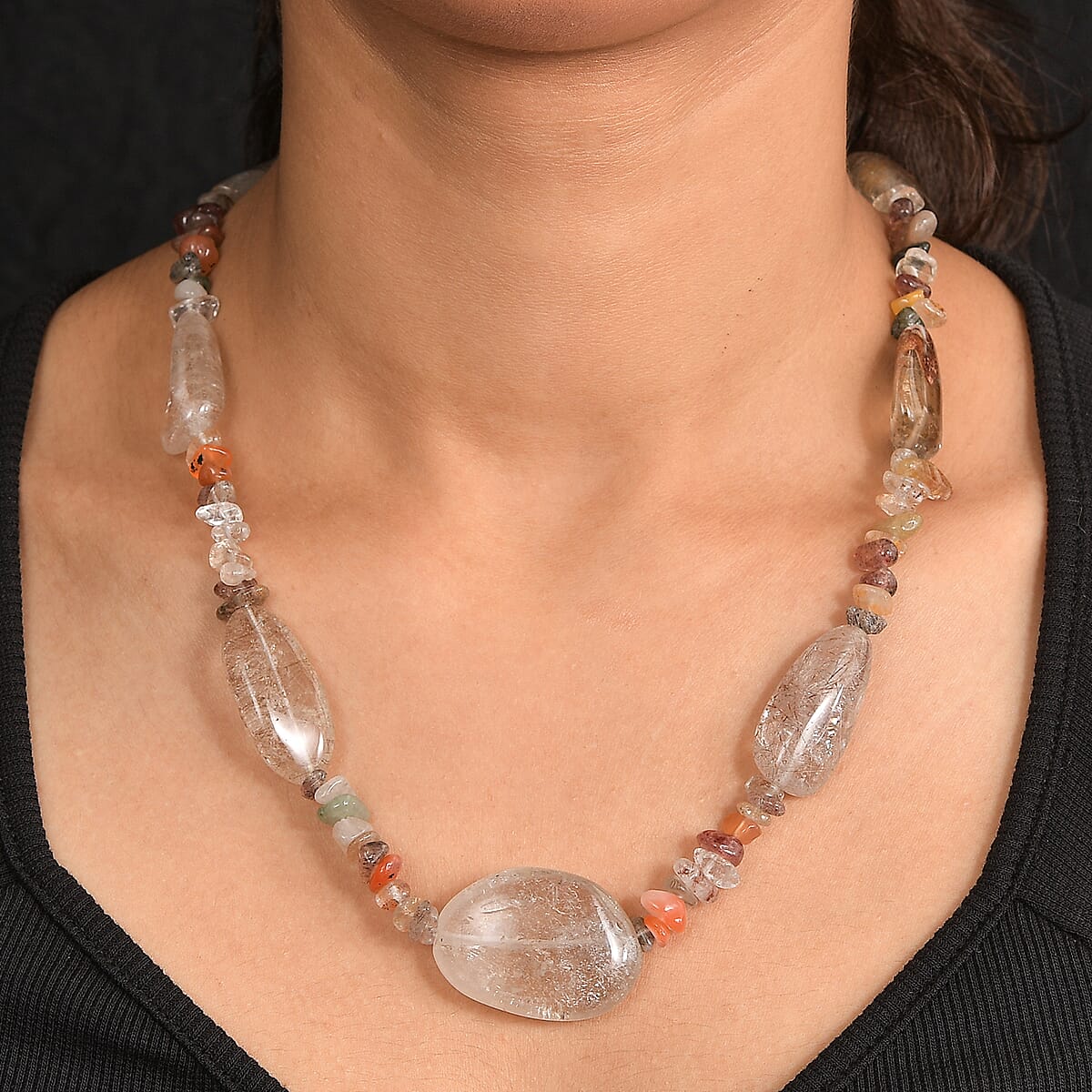 Dodolite and Multi Rutilated Quartz 470.00 ctw Beaded Necklace in Stainless Steel 24 Inches image number 2