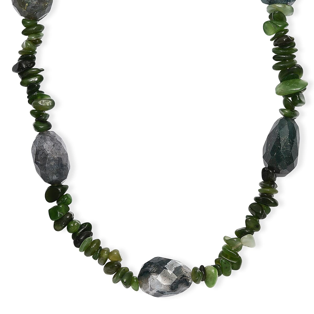 Moss Agate Tumble and Nephrite 350.00 ctw Chips Necklace in Stainless Steel 24 Inches image number 0