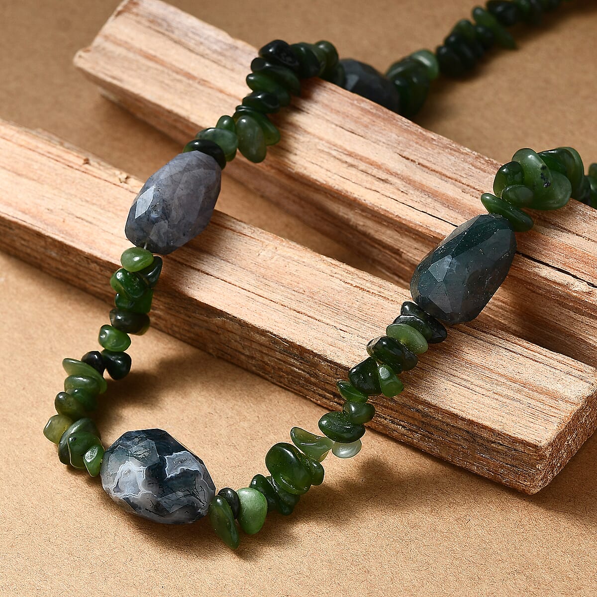 Moss Agate Tumble and Nephrite 350.00 ctw Chips Necklace in Stainless Steel 24 Inches image number 1