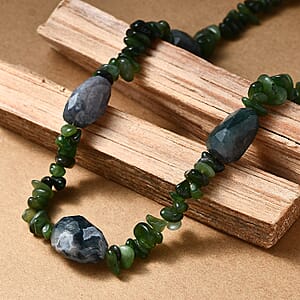 Moss Agate Tumble and Nephrite 350.00 ctw Chips Necklace in Stainless Steel 24 Inches