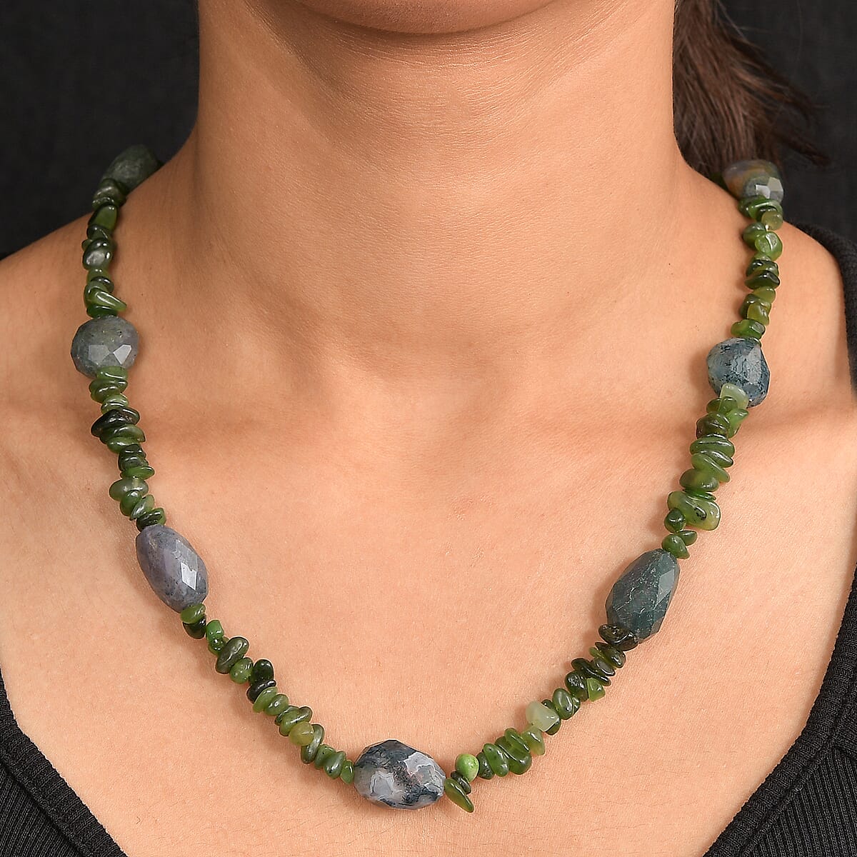 Moss Agate Tumble and Nephrite 350.00 ctw Chips Necklace in Stainless Steel 24 Inches image number 2