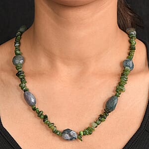 Moss Agate Tumble and Nephrite 350.00 ctw Chips Necklace in Stainless Steel 24 Inches
