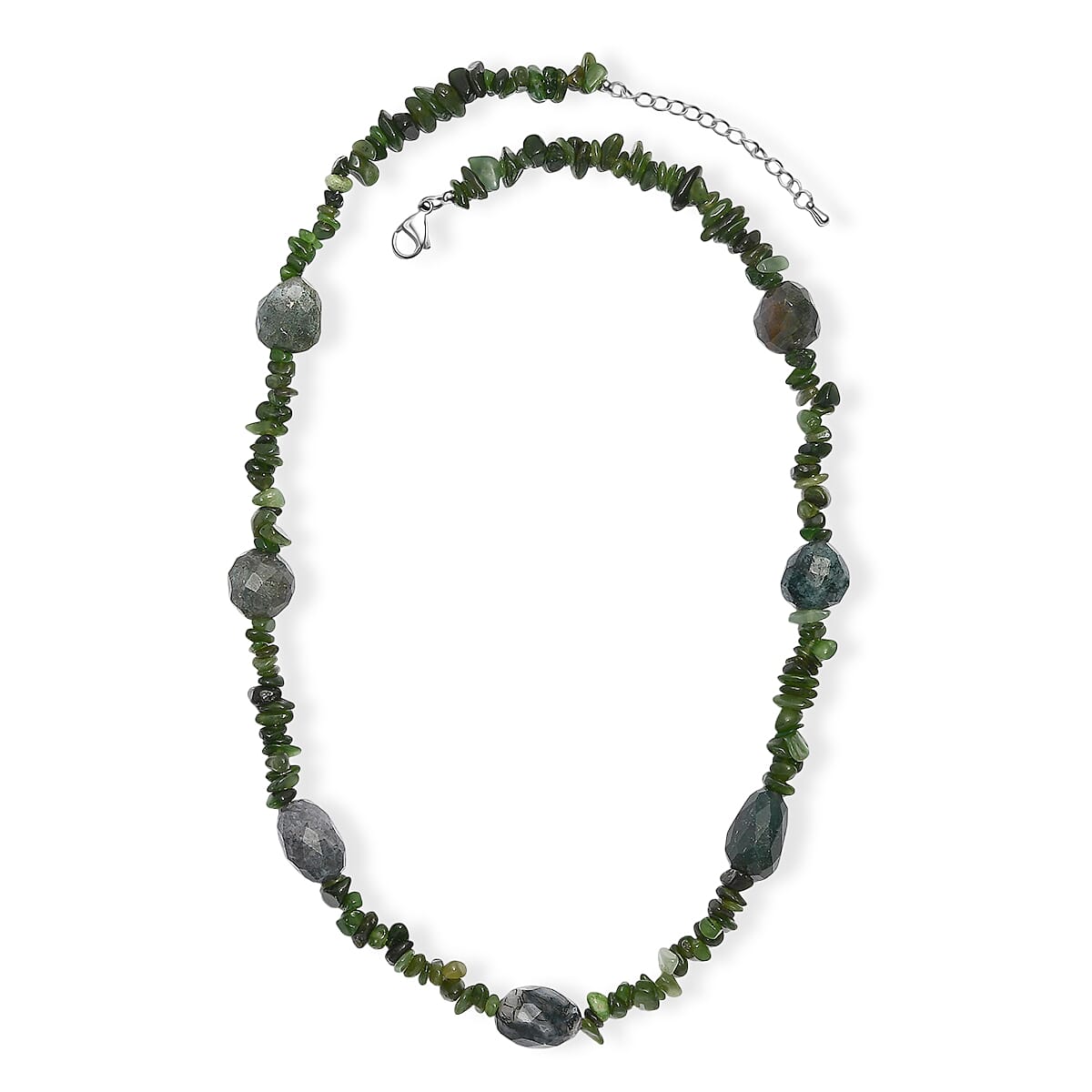 Moss Agate Tumble and Nephrite 350.00 ctw Chips Necklace in Stainless Steel 24 Inches image number 3