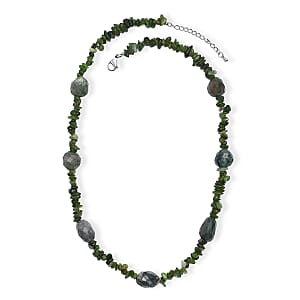 Moss Agate Tumble and Nephrite 350.00 ctw Chips Necklace in Stainless Steel 24 Inches