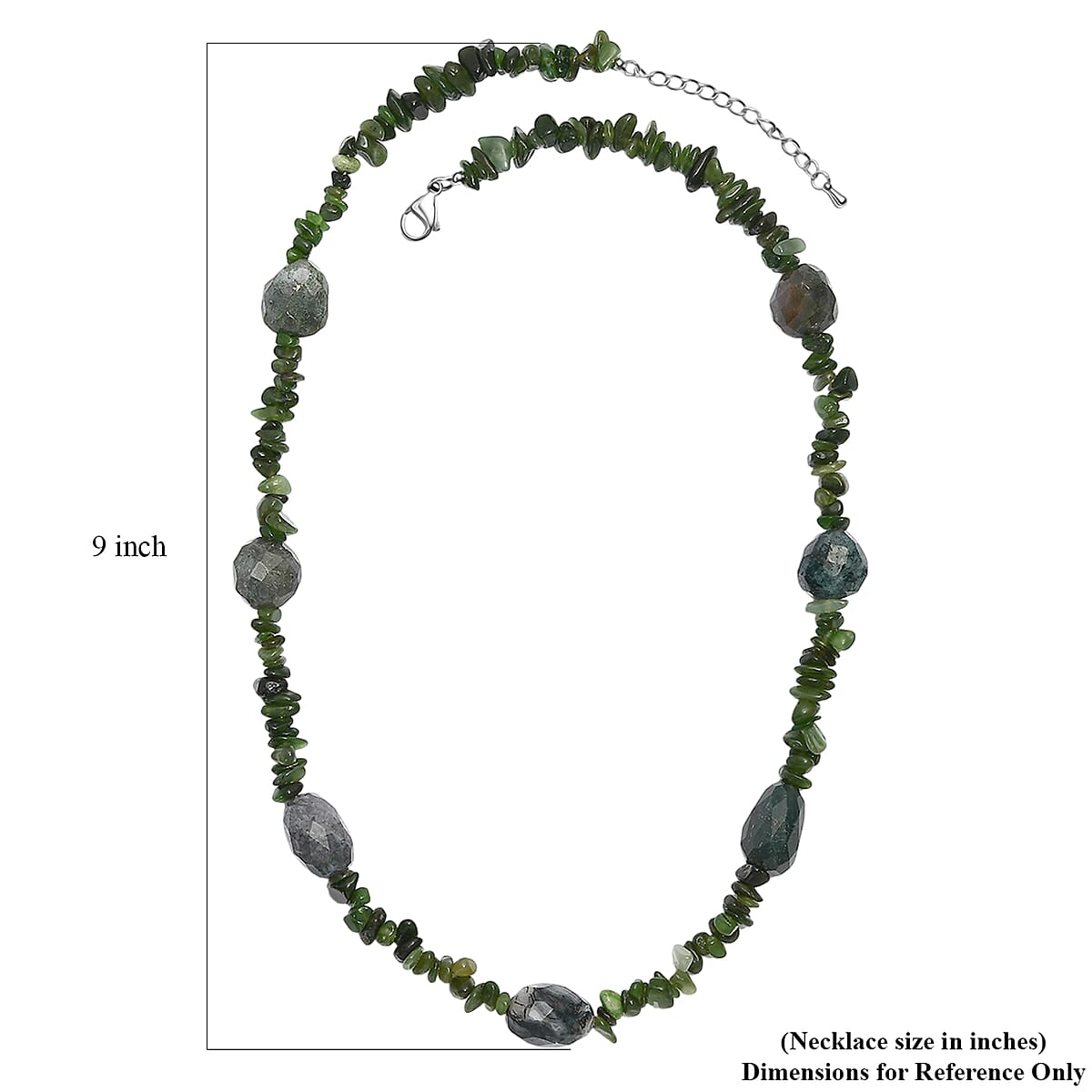 Moss Agate Tumble and Nephrite 350.00 ctw Chips Necklace in Stainless Steel 24 Inches image number 5