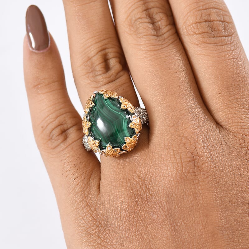EverTrue African Malachite and White Zircon 20.00 ctw Floral Ring in 18K YG Plated and Platinum Bond (Size 10.0)
