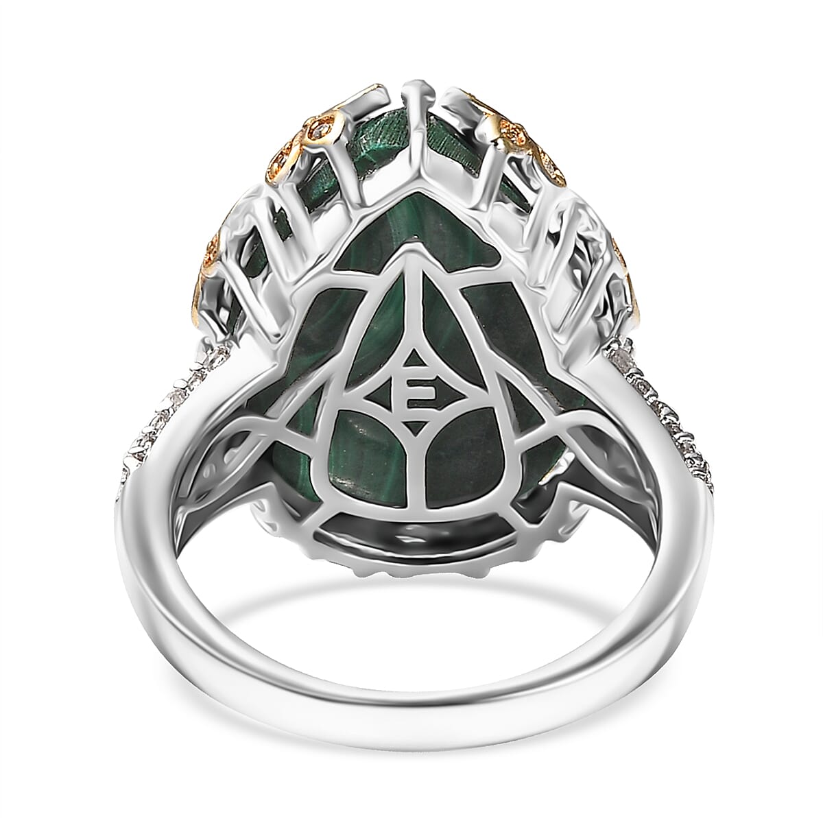 EverTrue African Malachite and White Zircon 20.00 ctw Floral Ring in 18K YG Plated and Platinum Bond (Size 10.0)