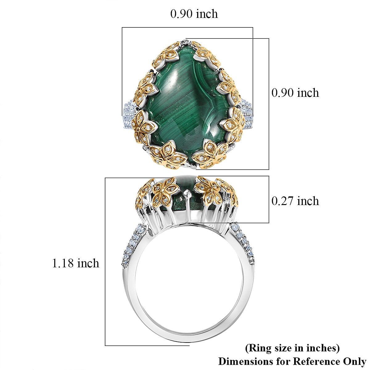 EverTrue African Malachite and White Zircon 20.00 ctw Floral Ring in 18K YG Plated and Platinum Bond (Size 10.0)