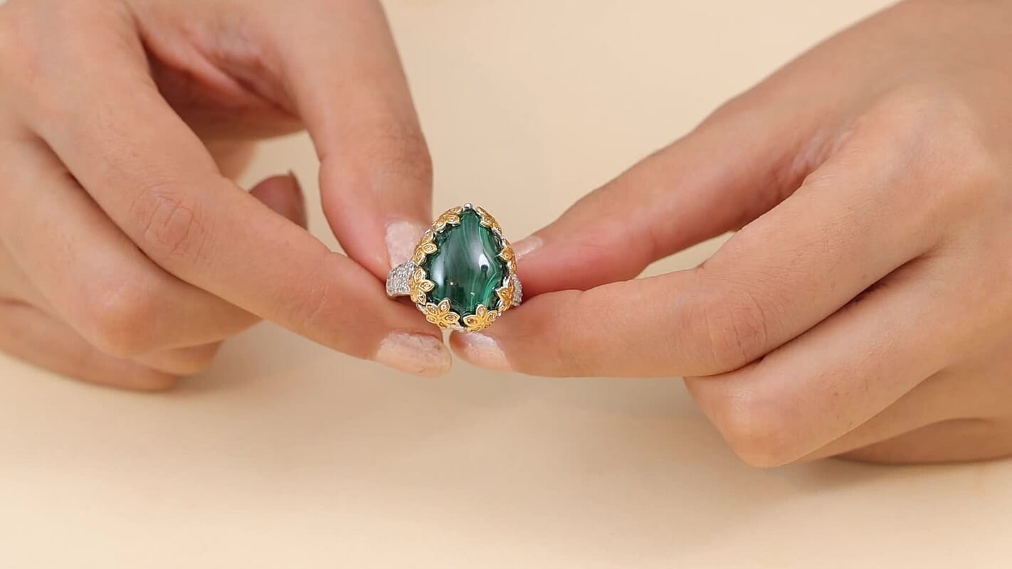 EverTrue African Malachite, White Zircon Ring in 18K YG Plated and Platinum Bond (Size 10.0) 20.00 ctw