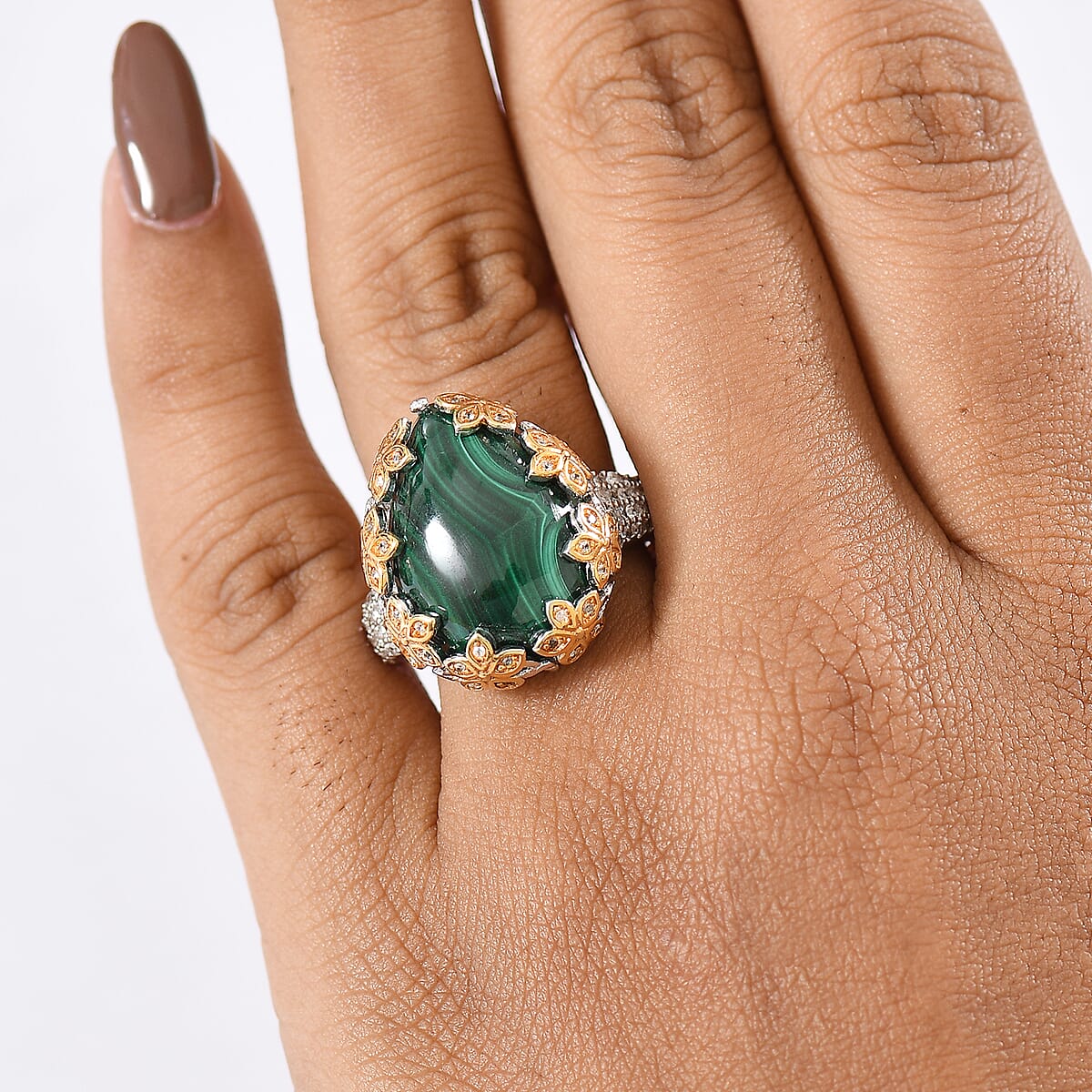 EverTrue African Malachite and White Zircon 20.00 ctw Floral Ring in 18K YG Plated and Platinum Bond (Size 8.0) image number 2