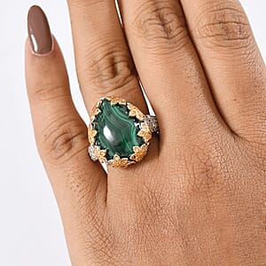 EverTrue African Malachite and White Zircon 20.00 ctw Floral Ring in 18K YG Plated and Platinum Bond (Size 8.0)