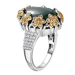 EverTrue African Malachite and White Zircon 20.00 ctw Floral Ring in 18K YG Plated and Platinum Bond (Size 8.0)