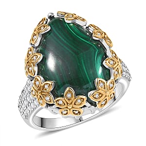 EverTrue African Malachite and White Zircon 20.00 ctw Floral Ring in 18K YG Plated and Platinum Bond (Size 9.0)