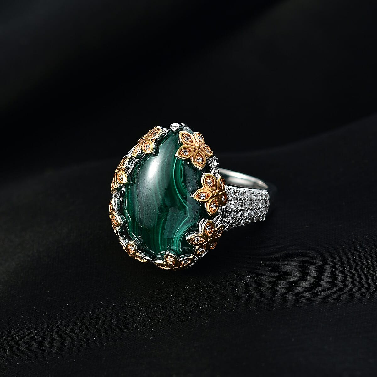 EverTrue African Malachite and White Zircon 20.00 ctw Floral Ring in 18K YG Plated and Platinum Bond (Size 9.0) image number 1