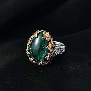 EverTrue African Malachite and White Zircon 20.00 ctw Floral Ring in 18K YG Plated and Platinum Bond (Size 9.0)