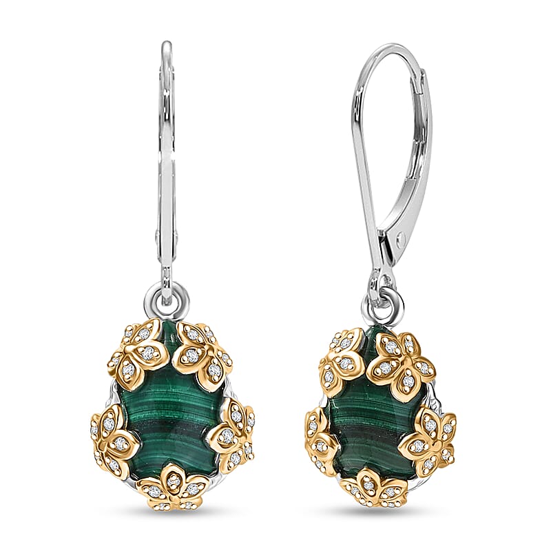 EverTrue African Malachite and White Zircon 9.75 ctw Floral Earrings in 18K YG Plated and Platinum Bond