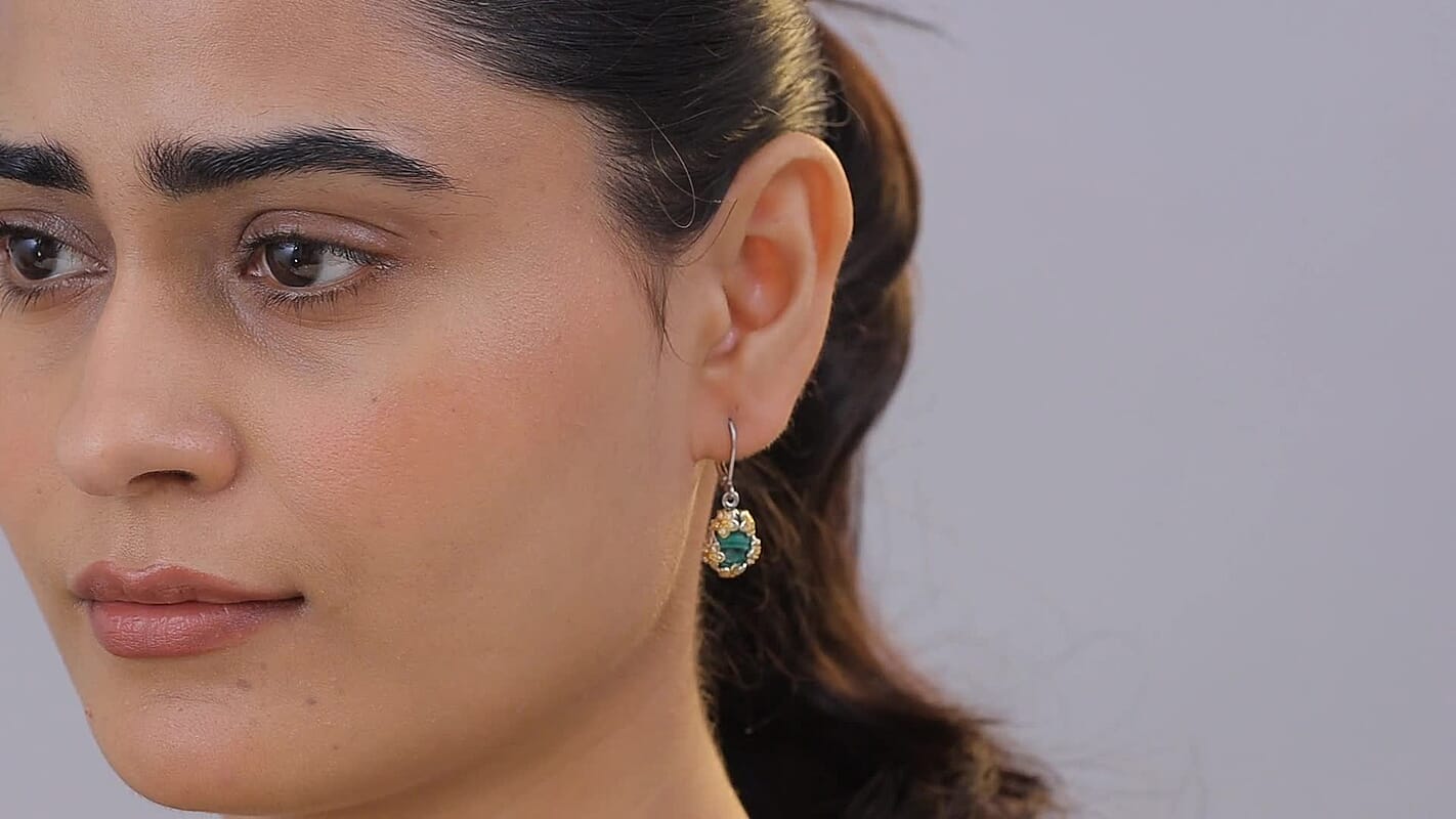 EverTrue African Malachite and White Zircon 9.75 ctw Floral Earrings in 18K YG Plated and Platinum Bond