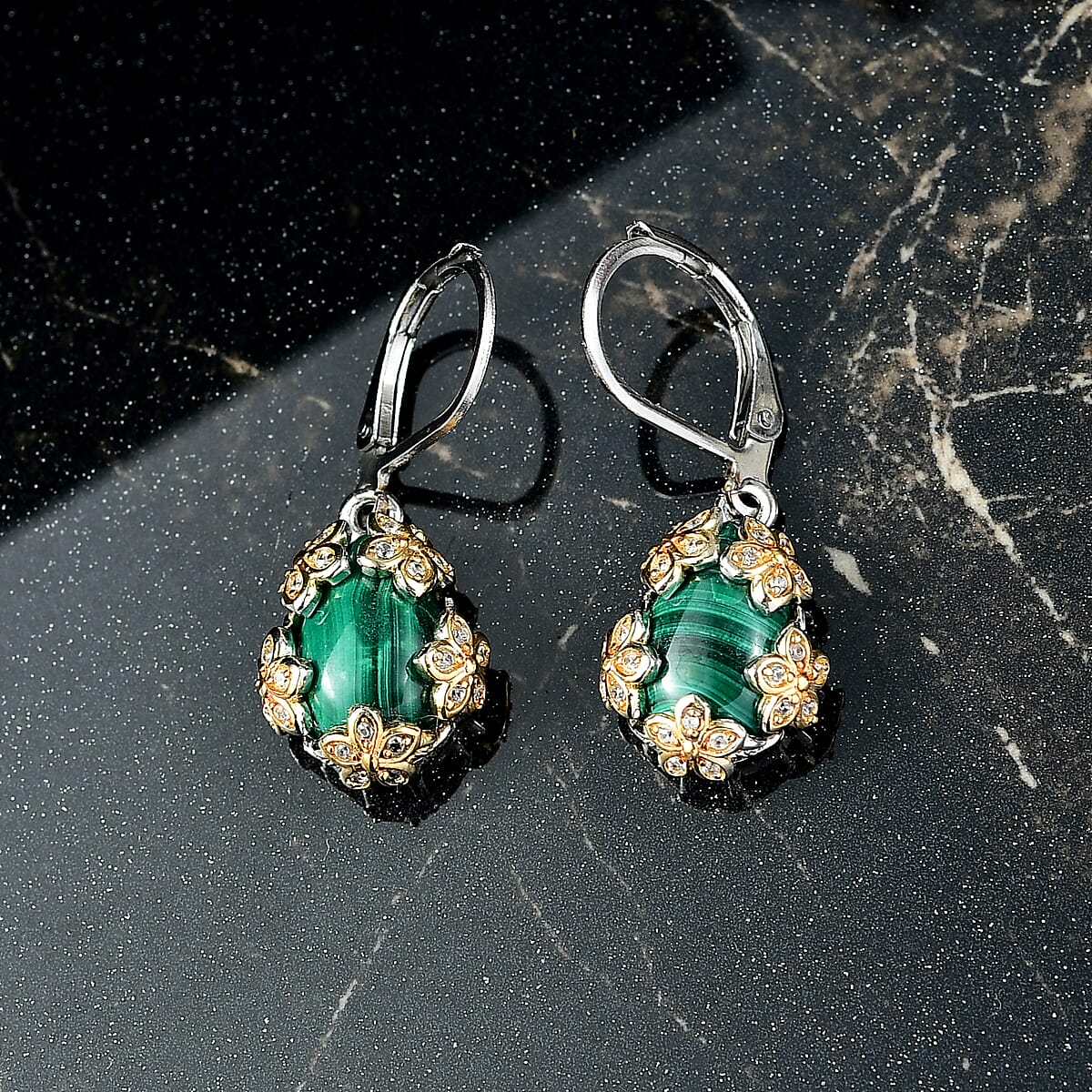 EverTrue African Malachite and White Zircon 9.75 ctw Lever Back Earrings in 18K YG Plated and Platinum Bond image number 1
