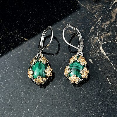 EverTrue African Malachite and White Zircon 9.75 ctw Floral Earrings in 18K YG Plated and Platinum Bond