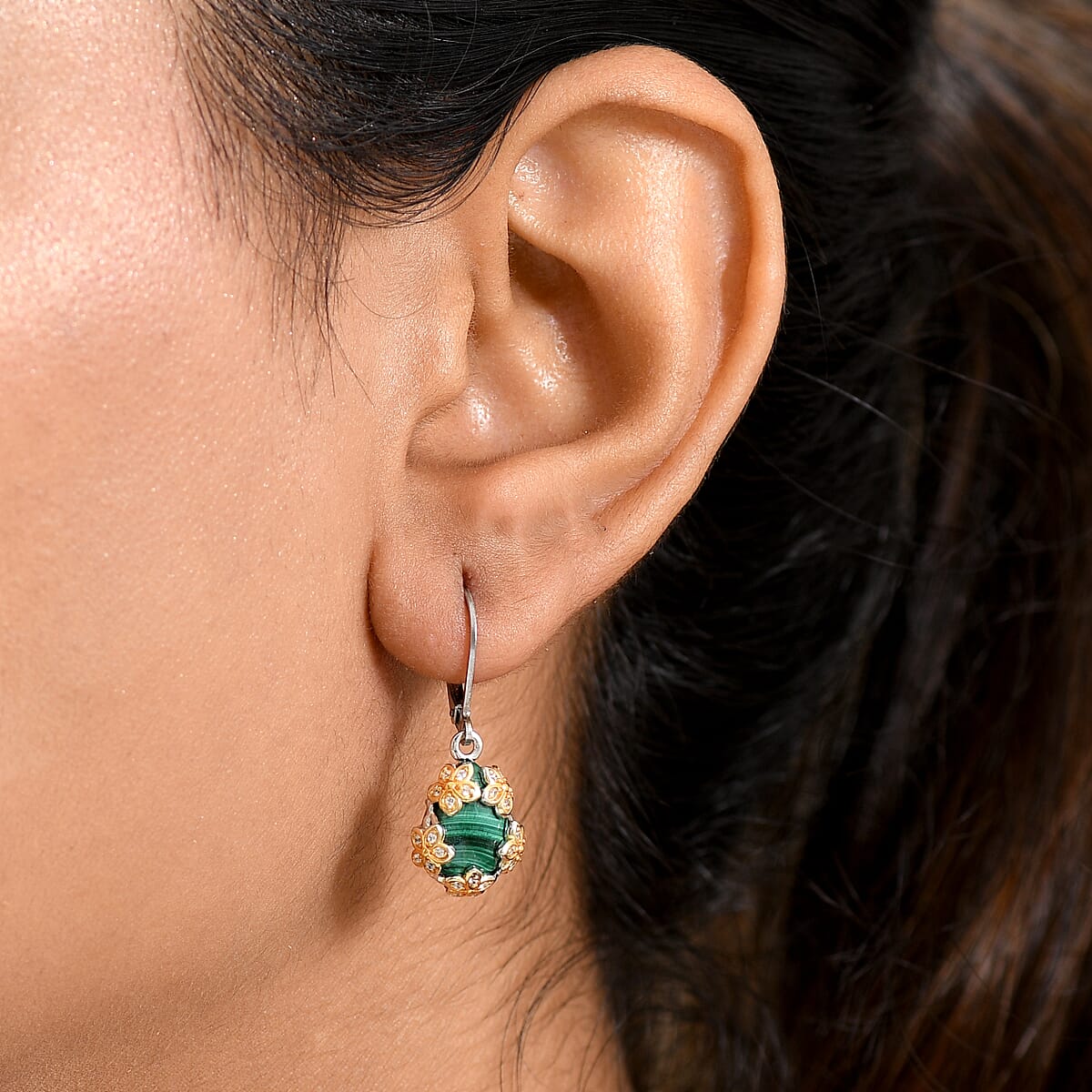 EverTrue African Malachite and White Zircon 9.75 ctw Lever Back Earrings in 18K YG Plated and Platinum Bond image number 2