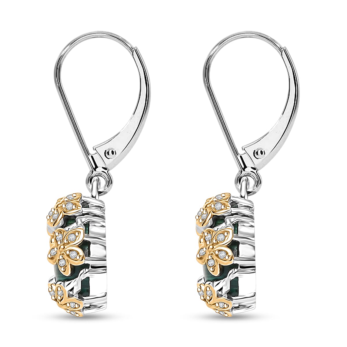 EverTrue African Malachite and White Zircon 9.75 ctw Floral Earrings in 18K YG Plated and Platinum Bond