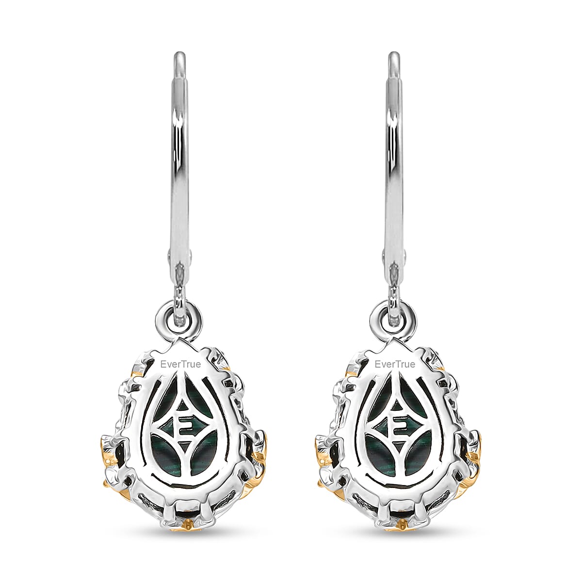 EverTrue African Malachite and White Zircon 9.75 ctw Floral Earrings in 18K YG Plated and Platinum Bond