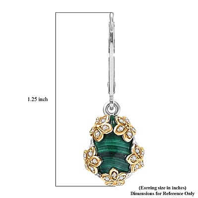 EverTrue African Malachite and White Zircon 9.75 ctw Floral Earrings in 18K YG Plated and Platinum Bond