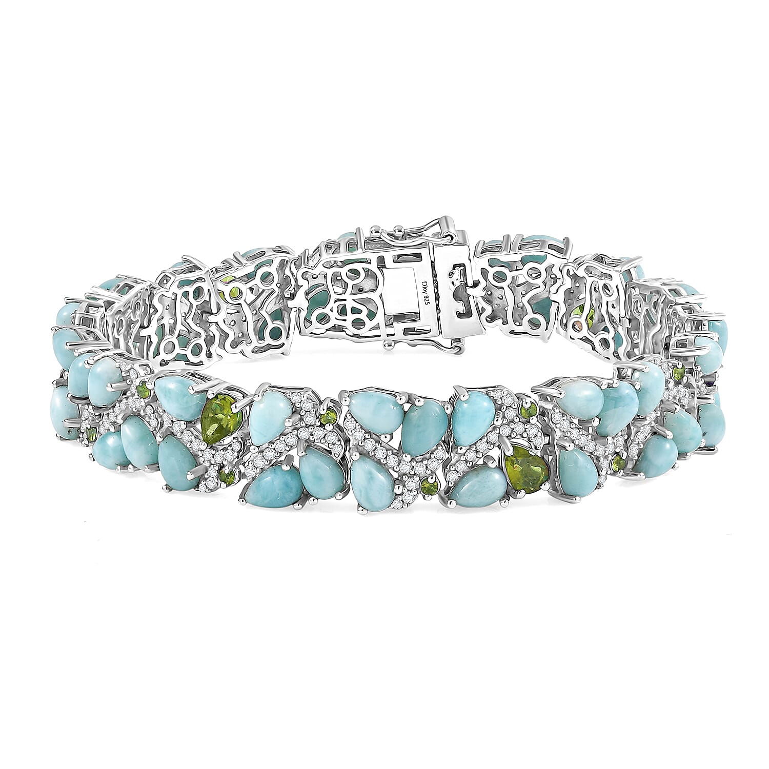 D'Joy Larimar and Multi Gemstone 33.85 ctw Sea Waves Bracelet in Rhodium Over Sterling Silver (7.25 In)