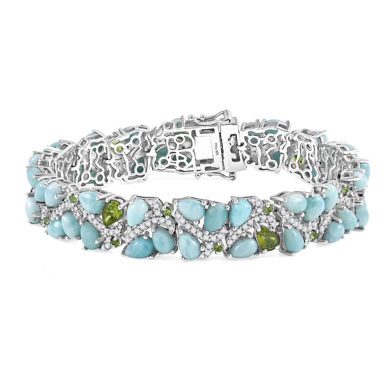 D'Joy Larimar and Multi Gemstone 33.85 ctw Sea Waves Bracelet in Rhodium Over Sterling Silver (7.25 In)