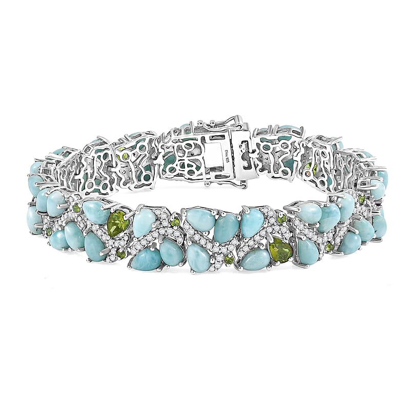 D'Joy Larimar and Multi Gemstone 33.85 ctw Sea Waves Bracelet in Rhodium Over Sterling Silver (7.25 In)