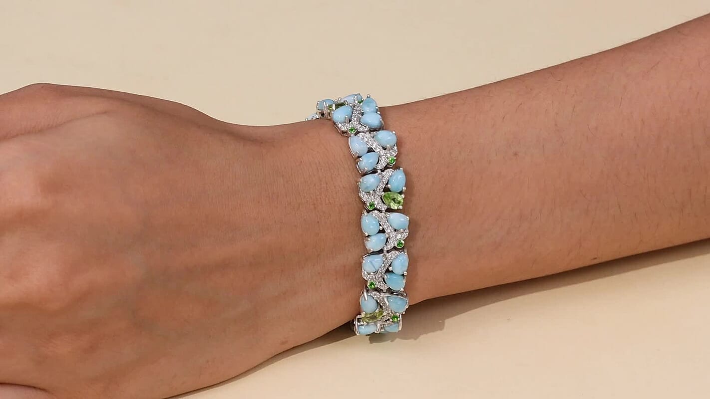 D'Joy Larimar and Multi Gemstone 30.90 ctw Bracelet in Rhodium Over Sterling Silver (7.25 In)