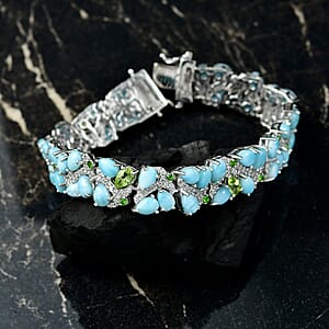 D'Joy Larimar and Multi Gemstone 33.85 ctw Sea Waves Bracelet in Rhodium Over Sterling Silver (7.25 In)