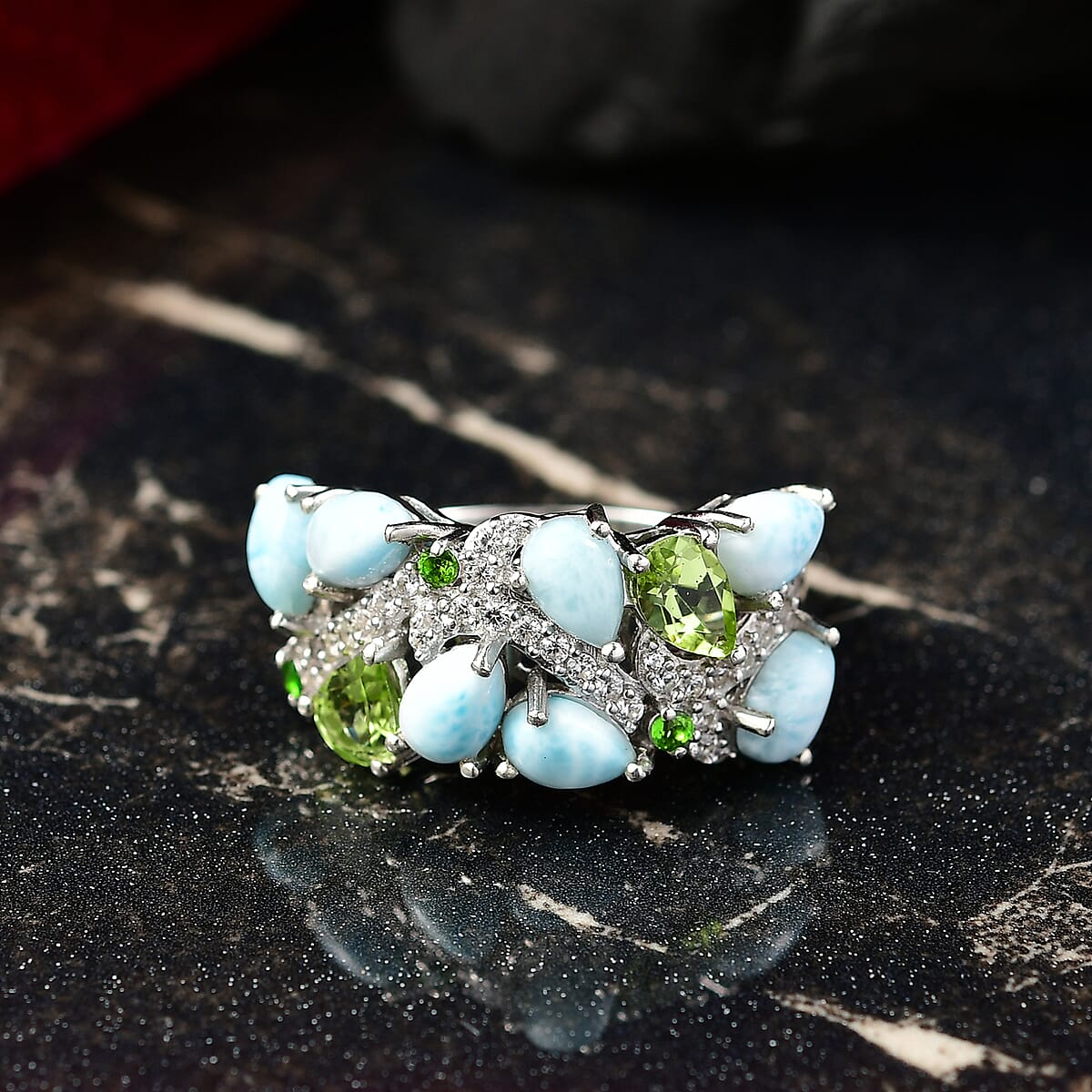 D'Joy Larimar and Multi Gemstone 5.40 ctw Sea Waves Ring in Rhodium Over Sterling Silver (Size 10.0) image number 1