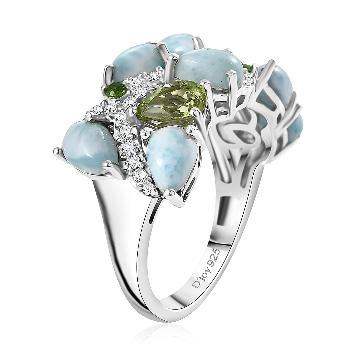 D'Joy Larimar and Multi Gemstone 5.40 ctw Sea Waves Ring in Rhodium Over Sterling Silver (Size 10.0) image number 3