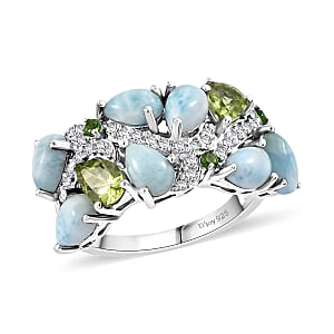 D'Joy Larimar and Multi Gemstone 5.40 ctw Sea Waves Ring in Rhodium Over Sterling Silver (Size 5.0)