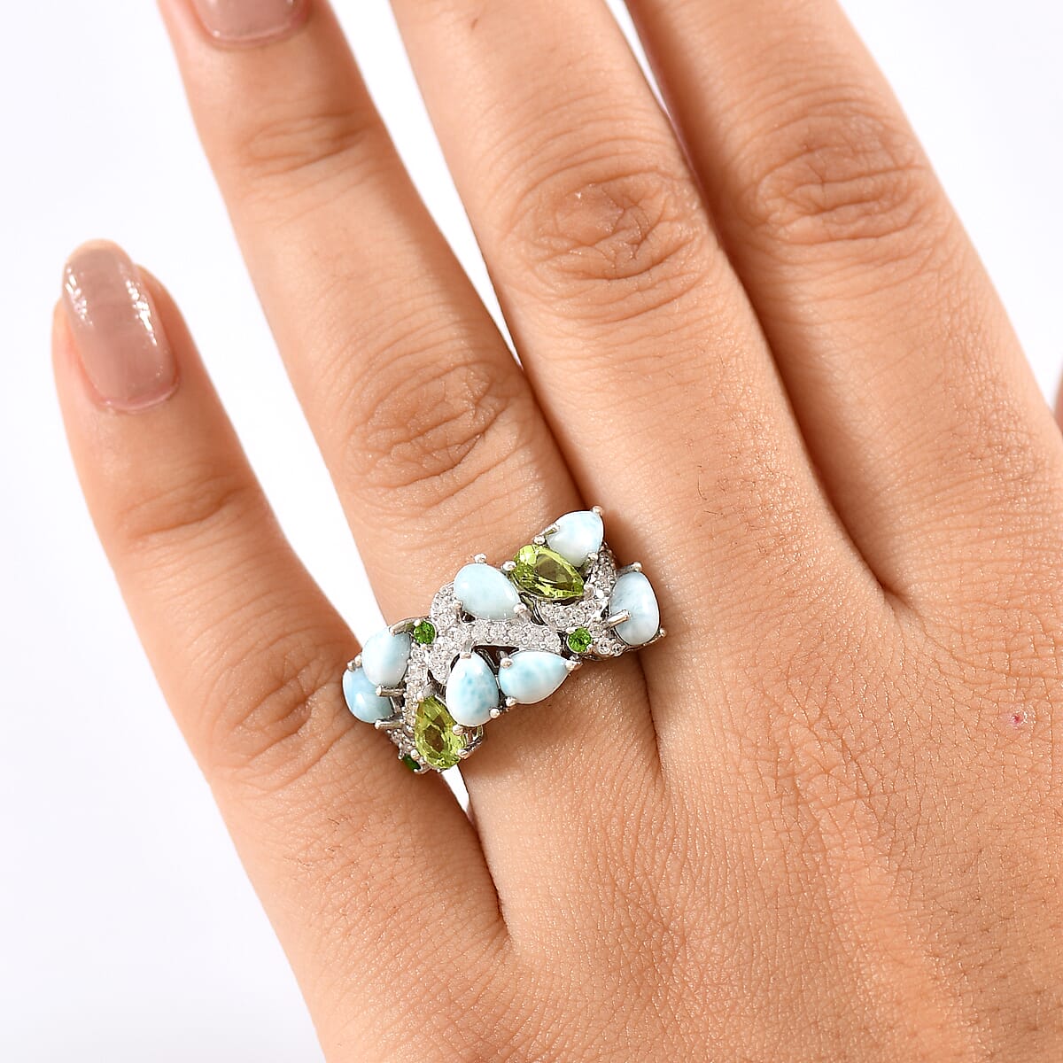 D'Joy Larimar and Multi Gemstone 5.40 ctw Sea Waves Ring in Rhodium Over Sterling Silver (Size 6.0) image number 2