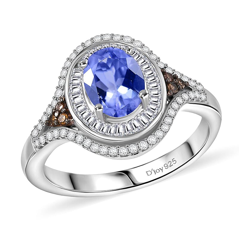 D'Joy Tanzanite, Natural Champagne and White Diamond 1.75 ctw Celestial Ring in Rhodium Over Sterling Silver (Size 10.0)