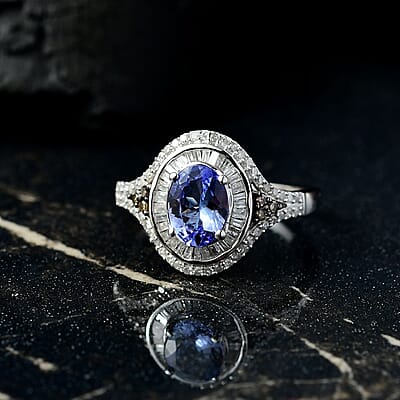 D'Joy Tanzanite, Natural Champagne and White Diamond 1.75 ctw Celestial Ring in Rhodium Over Sterling Silver (Size 10.0)