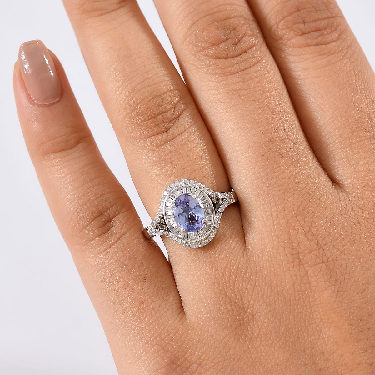 D'Joy Tanzanite, Natural Champagne and White Diamond 1.75 ctw Ring in Rhodium Over Sterling Silver (Size 10.0) image number 2