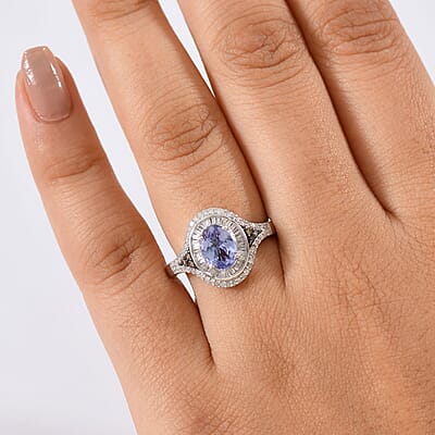 D'Joy Tanzanite, Natural Champagne and White Diamond 1.75 ctw Celestial Ring in Rhodium Over Sterling Silver (Size 10.0)