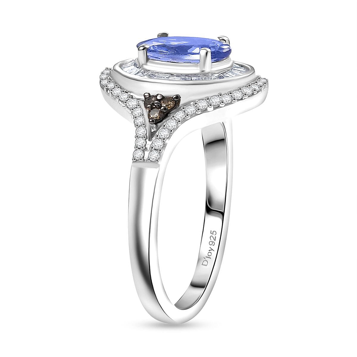 D'Joy Tanzanite, Natural Champagne and White Diamond 1.75 ctw Ring in Rhodium Over Sterling Silver (Size 10.0) image number 3