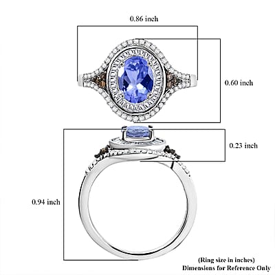 D'Joy Tanzanite, Natural Champagne and White Diamond 1.75 ctw Celestial Ring in Rhodium Over Sterling Silver (Size 10.0)